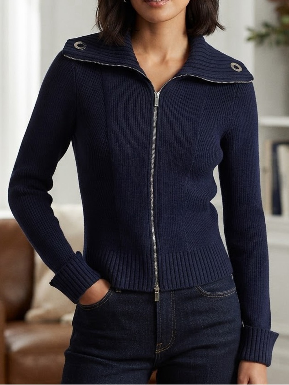 Lauren Ralph Lauren Navy Ribbed Zip Cardigan with Sailor Collar